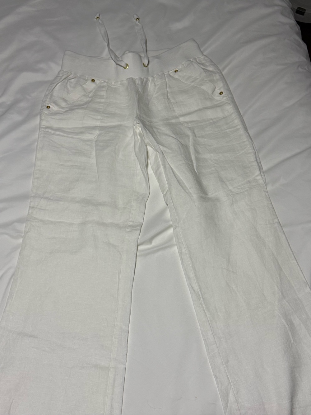 Guess White Drawstring Linen-Blend Straight Leg Pants